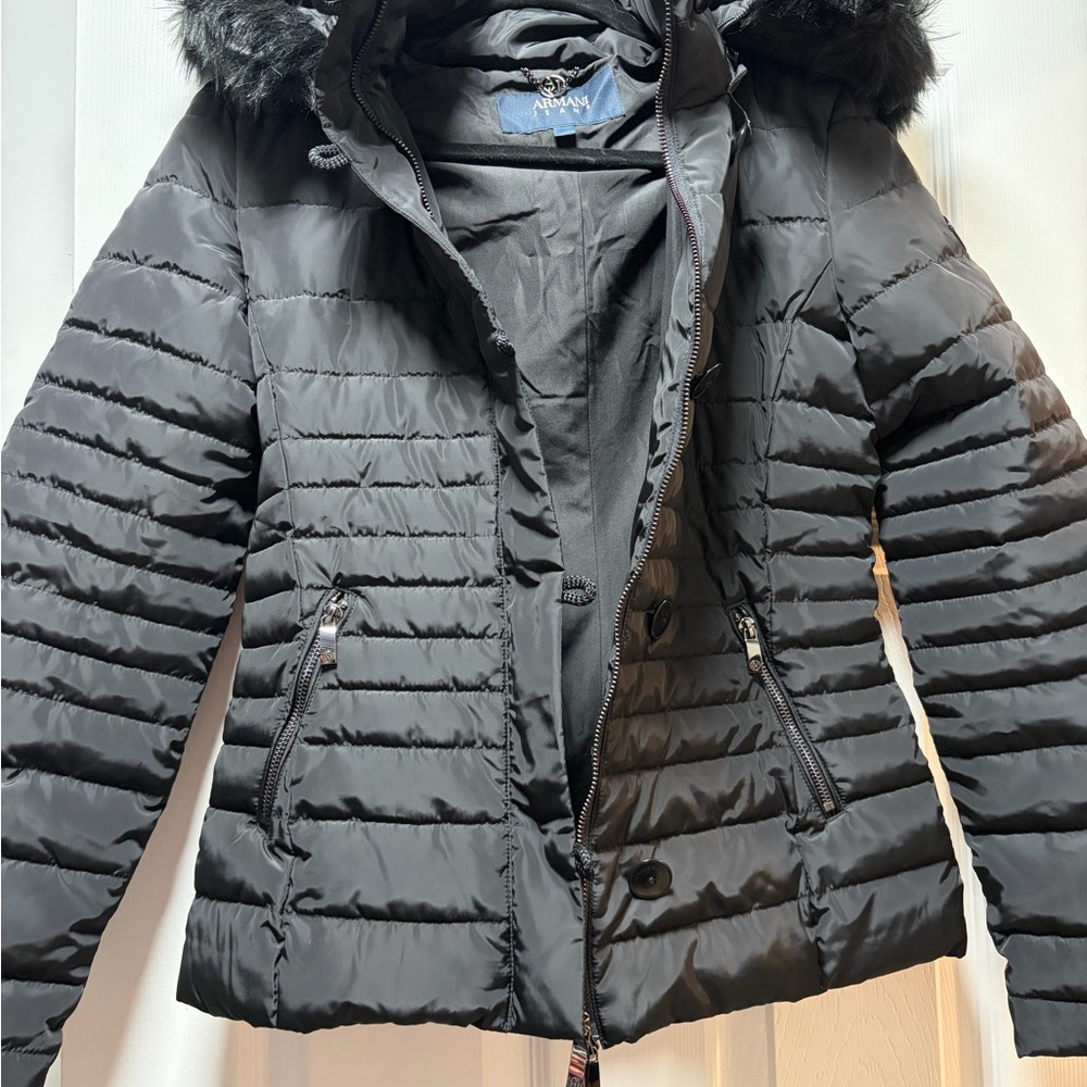 Armani Jeans Quilted Black Puffer with Fur Trim